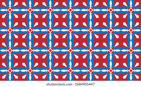 Patrón geométrico rojo, azul y blanco sin costuras con motivos cuadrados en forma de estrella. Fondo de Vector decorativo para textiles, Fondo de pantalla y Diseño gráfico