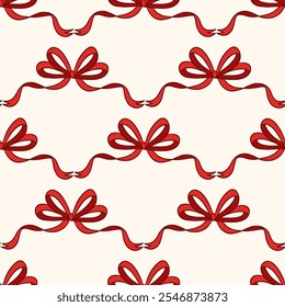 Seamless Red Bow Pattern on Cream Background for Gift Wrap