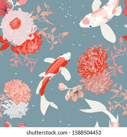 Seamless Red Carp China Botanical Vector Pattern Wallpaper