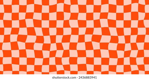 Seamless red checkerboard pattern. Repeating distorted checkered texture. Groovy trippy abstract background. Vintage retro style wallpaper for textile, fabric, wrapping paper. Vector check surface