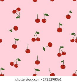 Fruta roja inconsútil de la cereza con el modelo verde de las hojas en el fondo rosado para la moda estacional y el diseño dulce del estilo de vida