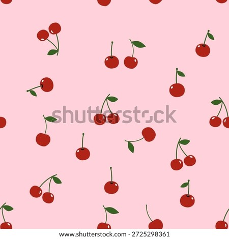 Seamless red cherry fruit with green leaves pattern on pink background for seasonal fashion and sweet lifestyle design