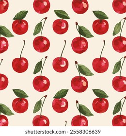 Seamless red cherry pattern design, flat cherry pattern template vector	