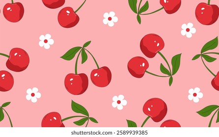 Seamless red cherry pattern design, flat cherry pattern template vector