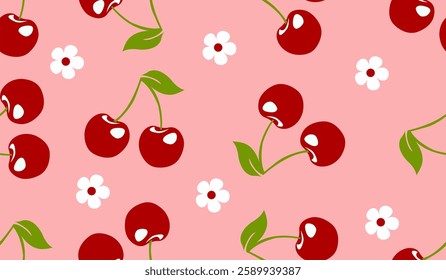 Seamless red cherry pattern design, flat cherry pattern template vector