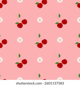 Seamless red cherry pattern design, flat cherry pattern template vector.