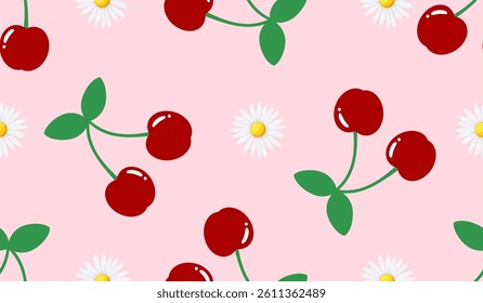 Seamless red cherry pattern design, flat cherry pattern template vector.