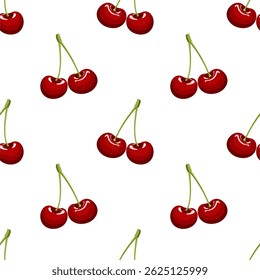 Design de padrão de cereja vermelha sem costura, vetor de modelo de padrão de cereja plana.