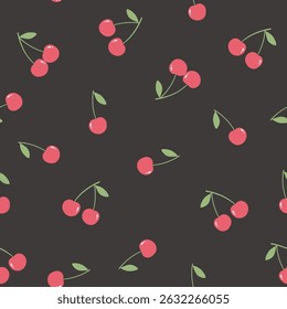 Seamless red cherry pattern design on black background. Flat cherry pattern template vector illustration for fabric, home décor and textile.