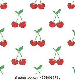 Design de padrão de cereja vermelha sem costura, vetor de modelo de padrão de cereja plana.