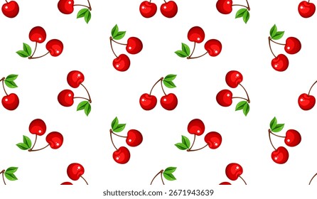 Design de padrão de cereja vermelha sem costura, vetor de modelo de padrão de cereja plana.