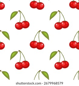 Design de padrão de cereja vermelha sem costura, vetor de modelo de padrão de cereja plana.