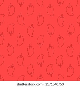 Seamless red chili pepper pattern. Red, cartoon, sticker style chili on red background.