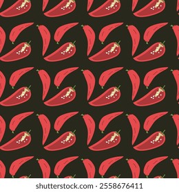 Seamless red chili pepper pattern on black background.