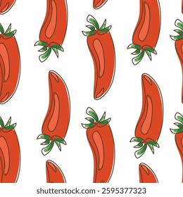 seamless red Chili Pepper pattern with hand-drawn style, spicy vegetable illustration for kitchen decor, food design, wallpaper, and textile print with vibrant and modern artistic elements