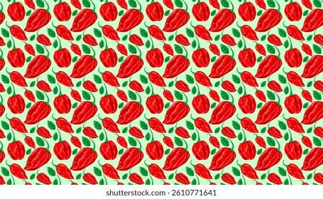 Seamless red chili pepper pattern featuring vibrant hot peppers with green stems and leaves, ideal as a spicy vegetable repeat food background.