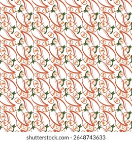 Seamless red chili pepper pattern with slices. Fresh vegetable red hot spicy peppers background