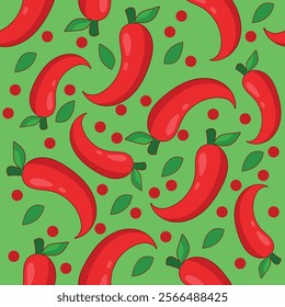 Seamless red chili pepper vector pattern on green background. Creative texture for fabric, textile