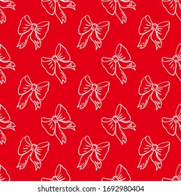 Fondo de Navidad rojo sin inconvenientes con arco. Piso vectorial vintage. Patrón con arco para textil, carta, banner, tela, decoración, etc. Fondo de cumpleaños con arco. Doodle. 