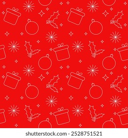 Seamless red Christmas background. Background with snowflakes, Christmas balls, gifts, holly and stars.