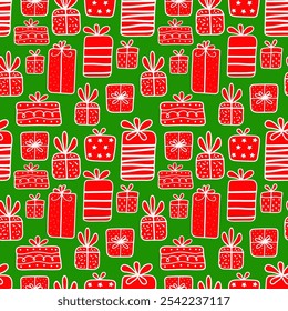 Seamless red Christmas background. Snowflakes, Christmas balls, gifts, holly stars. Modern Christmas geometric background with simple line elements. Creative abstract Xmas design. Vector illustration