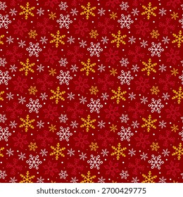 Seamless red Christmas pattern with golden and white snowflakes. Elegant festive background for wrapping paper, winter decor, or greeting cards.