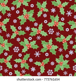 Seamless red Christmas pattern with green holly leaves and snowflakes. Vector illustration