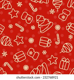 Seamless red Christmas pattern with stars, gifts, trees, balls and snowflakes, vector