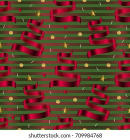 seamless red christmas pine tree from ribbon with confetti gold and silver glitter pattern on stripe background