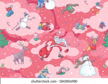 Seamless red color Christmas pattern with Christmas characters. Santa Claus, baby, snowmen, Christmas tree, dogs, candy. For printing packaging, Souvenirs, or fabric.