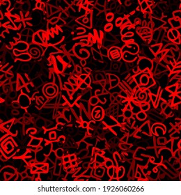 Seamless red colored runic pattern. Endless background with Odins letters chaos. Ancient mystic symbols. Esoteric, occult, mystical, magic background. Vector illustration
