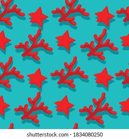 Seamless red corals and starfish on a turquoise background. Vector illustration.
