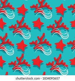 Seamless red corals and starfish on a turquoise background. Vector illustration.
