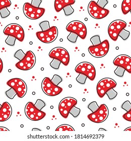 Seamless red cute mushroom pattern design, simple flat hand drawn muhsroom pattern template vector