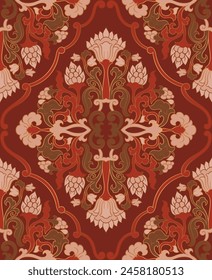 Seamless red damask pattern. Floral vector ornament. Background for wallpaper, textile, carpet and any surface.