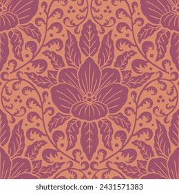 Seamless red Damask pattern on an orange background. Floral abstract repeat monochrome background.