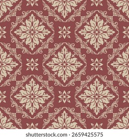 Seamless red damask pattern with symmetrical floral diamond motifs in cream tone. Perfect for luxury fabric, vintage packaging, and heritage interiors.