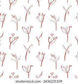 Seamless red dill pattern with hand drawn whimsical botanical elements on white background for modern packaging and textiles
