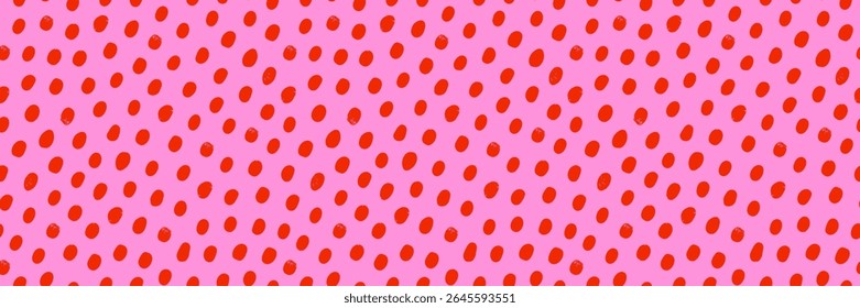 Seamless red dot pattern background on pink. Vector confetti polka dot texture, simple and playful abstract print. Perfect for fabric, wrapping paper, wallpaper, and branding. Drag to swatches panel
