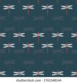 Seamless red dragonfly pattern with black background.Simple stylish repeating dragonfly pattern.