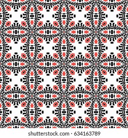 Seamless red embroidered good old handmade cross-stitch ethnic pattern. Ornament in vector