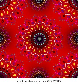 Seamless red ethnic pattern with floral motives. Mandala stylized print template for fabric and paper. Boho chic design. Summer fashion. Arabic, Indian, ottoman motifs. Vintage decorative elements.