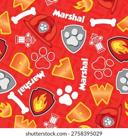 Seamless red firefighter Patrol pattern with Marshal name, letters, paw prints, bones, fire helmets, hydrants and flame shield badges. Perfect for kids fabric, wallpaper, party decor and crafts.