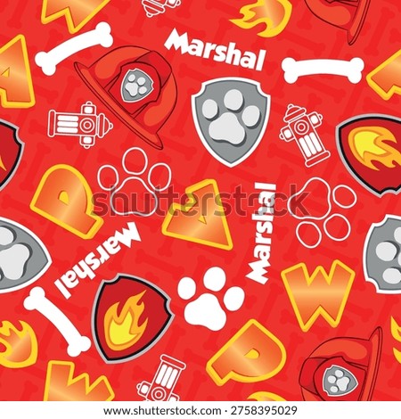 Seamless red firefighter Patrol pattern with Marshal name, letters, paw prints, bones, fire helmets, hydrants and flame shield badges. Perfect for kids fabric, wallpaper, party decor and crafts.