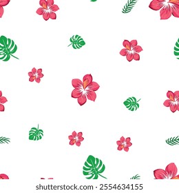 A seamless red floral pattern adorned with red flowers and green leaves creates an elegant design. Elegant red floral pattern with white  flowers on a white background. Red floral seamless pattern