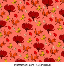 Seamless red floral pattern. colorful botanic illustration, garden elements, hand drawn repeatable background. Flowers Motifs scattered random for fashion prints
