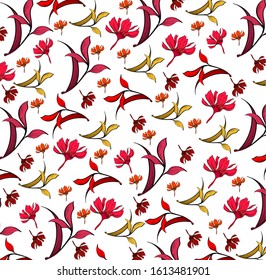 Seamless red floral pattern. colorful botanic illustration, garden elements, hand drawn repeatable background. Flowers Motifs scattered random for fashion prints
