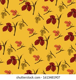 Seamless red floral pattern. colorful botanic illustration, garden elements, hand drawn repeatable background. Flowers Motifs scattered random for fashion prints