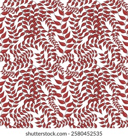 Seamless red floral pattern with hearts and flowers, Seamless pattern of leaves, red branches, natural fabric pattern
