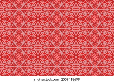 Seamless Red Floral Pattern with Ornamental Swirl Motifs Symmetrical Design Elegant Traditional Style for Wallpapers Fabrics Textiles Home Decor Vintage Art and Digital Design Projects